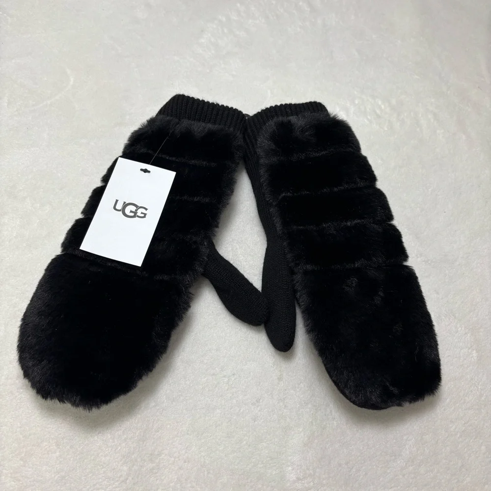 UGG Luxe BLACK‎ FAUX FUR FUZZY WOOL BLEND MITTENS WITH SHERPA LINING size L/XL